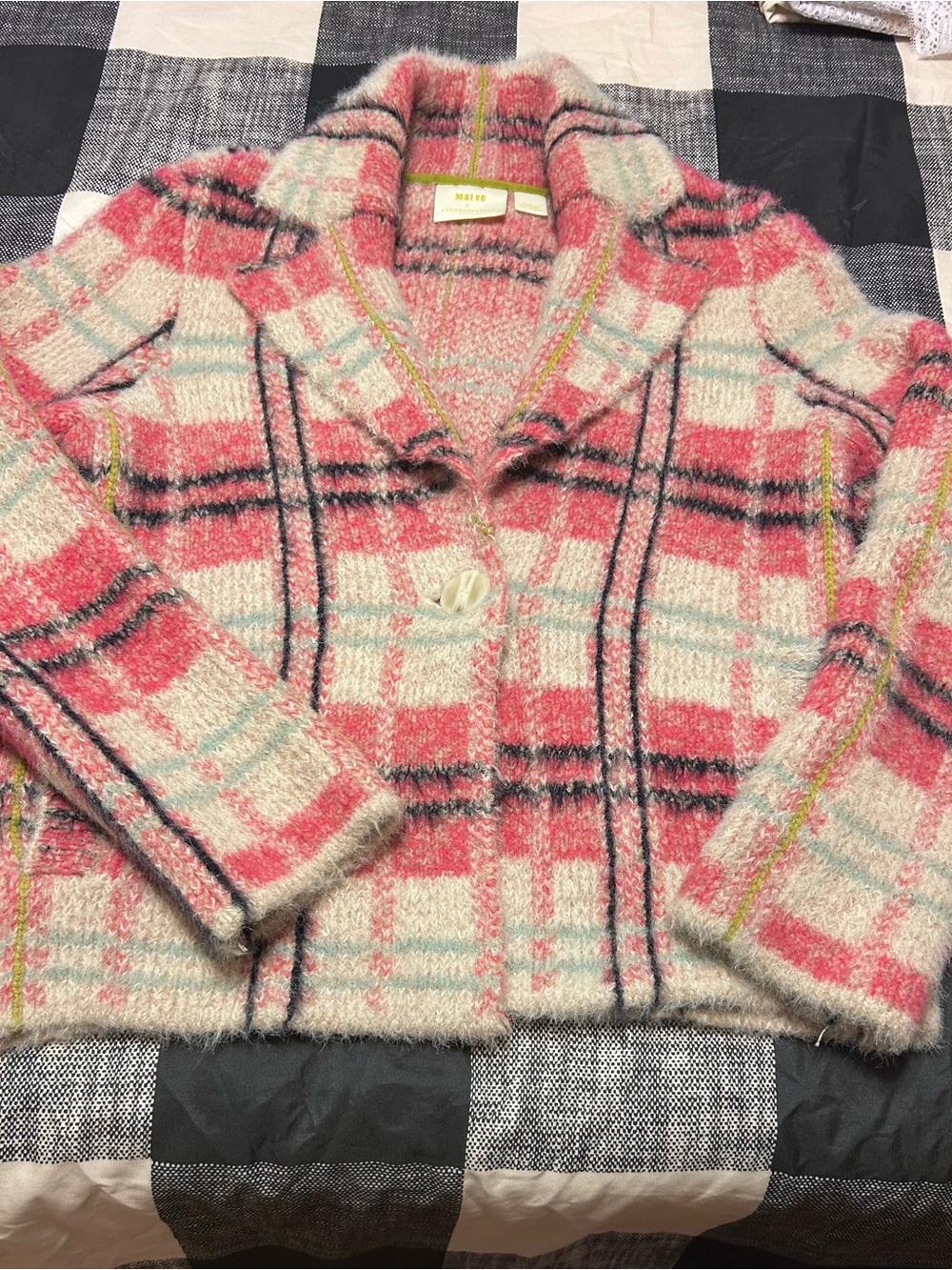 Anthropology Maeve Aurelia Plaid Pink Cream Alpaca Wool Cardigan Jacket